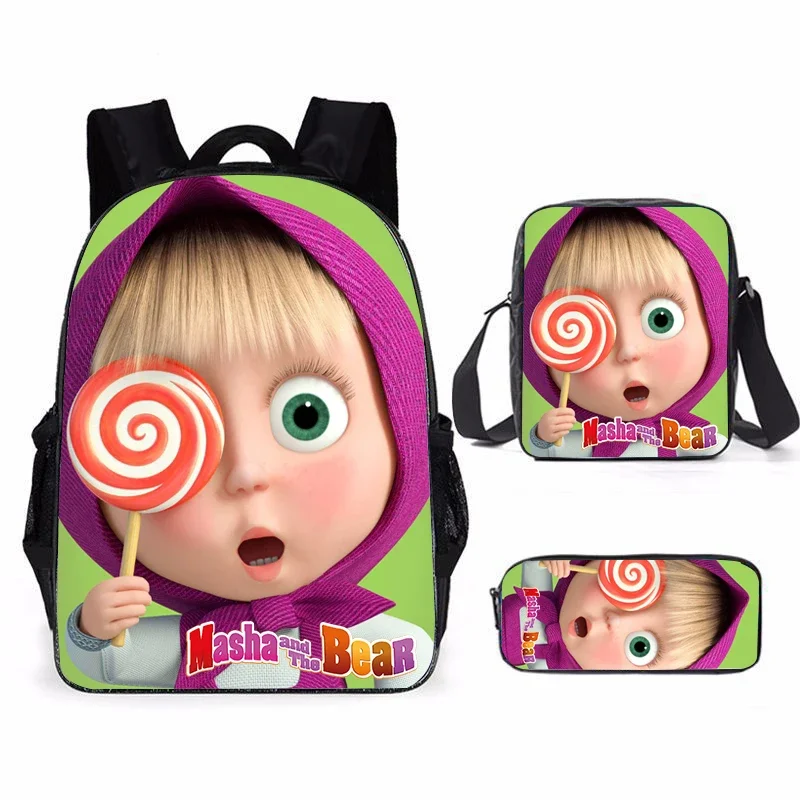 

3pcs Masha And The Bear Schoolbag Set, Anime Print Student Backpack, Casual Backpack For Girls And Kids