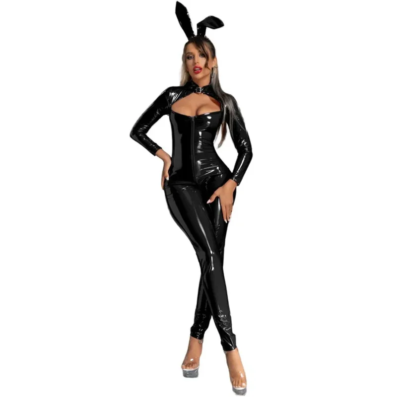 Women Sexy Wetlook Faux Leather Catsuit PVC Latex Front Zip Open Crotch Clubwear PU Jumpsuit Lingerie Bunny costumes PA5746