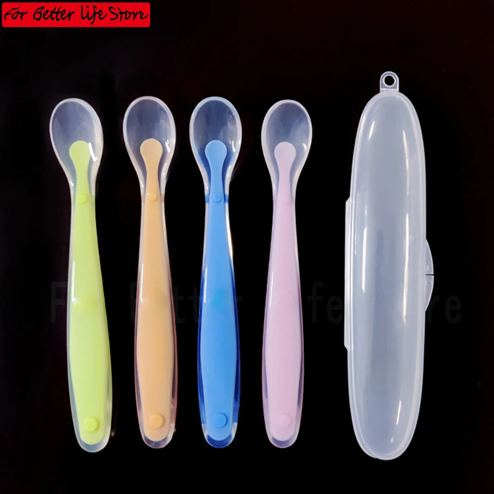 children Training Spoon cutlery Baby Silicone Spoon Children Complementary Food Soft Spoon  Feeding Tableware With Storage Box ﻿