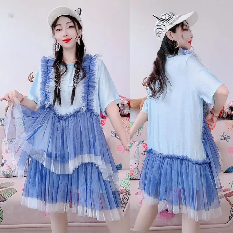 Chique vrouw mesh gesplitste ruches randen T-shirts gaas patchwork geplooide lotus pluizige taart rok zoom nep tweedelige bandjes jurk