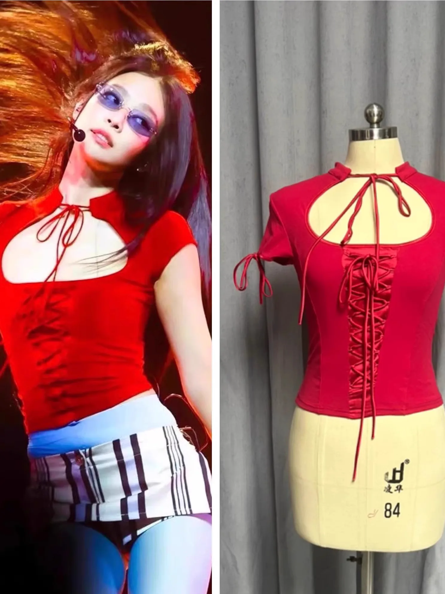 Wysokiej jakości seksowna czerwona bluzka z wiązaniem na szyi, stójką, wycięciami, wyszczuplająca, damska, do pracy, sportowa, o średniej długości, jednolita.