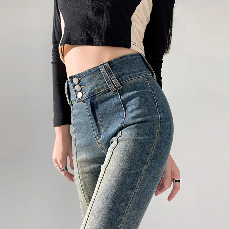 Stretch Skinny Vintage Jeans Hosen für Frauen 2023 Frühling neue hohe Taille ausgestellte Jeans hose heiße Mädchen Streetwear Hosen