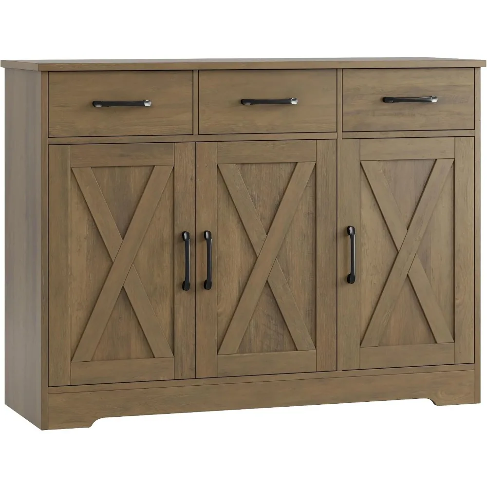 HOSTACK Kitchen Buffet Cabinet with Storage, Sideboard Coffee Bar, Brown | Farmhouse Kitchen Storage Cabinet with 3 Drawers & Adjustable Shelf, 42.5