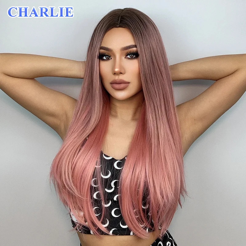 Synthetic Natural Ombre Brown to Pink Wig for Women Straight Long Wigs Heat Resistant Fiber Cosplay Party Fashion Hair Wig