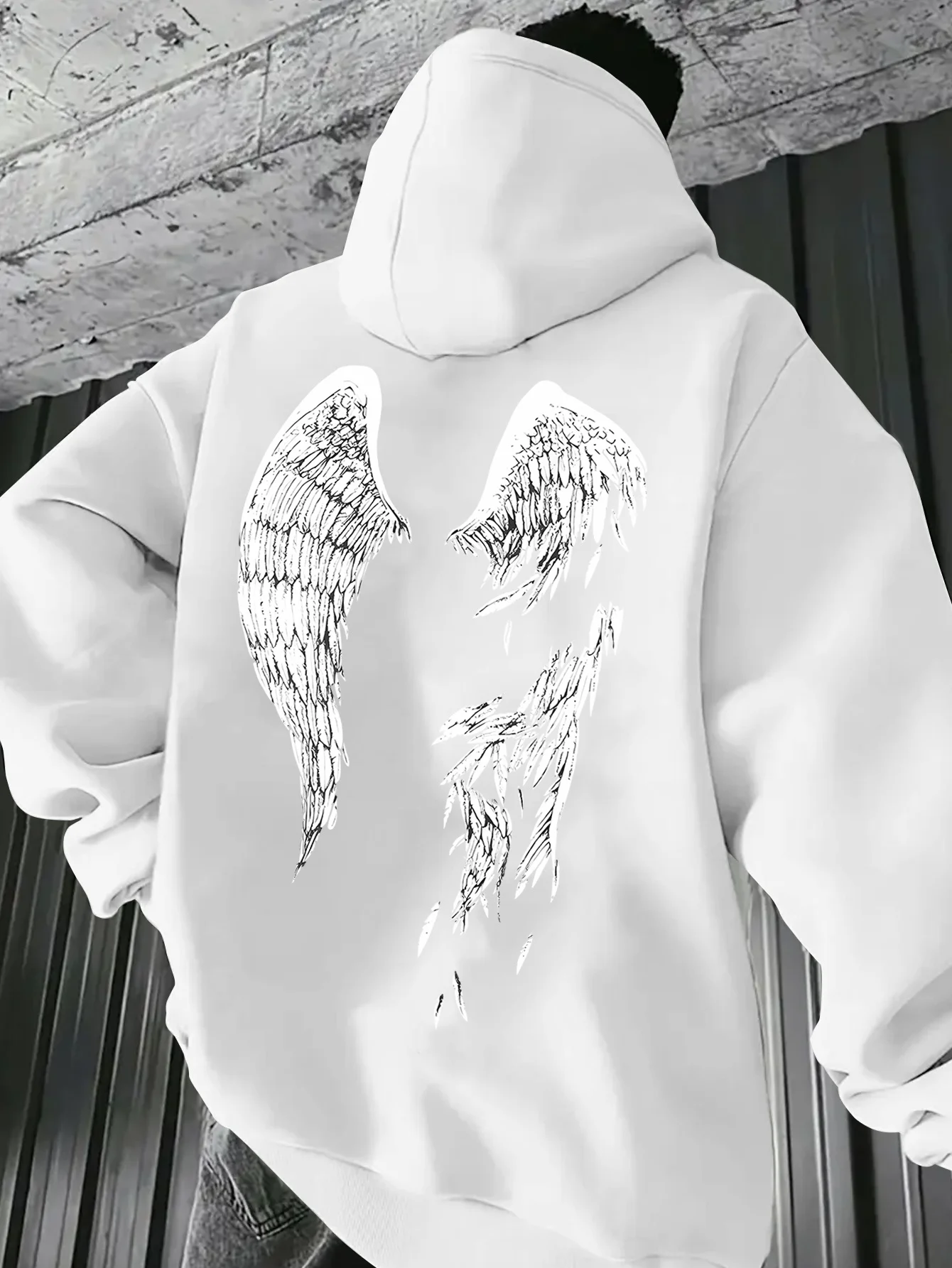 Fall/Winter Men's Angel Wings Print Fleece Pullover Warm-Up Large Edition Hooded Outdoor Commuting Men's Shirt