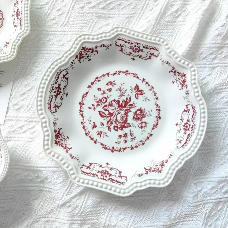 

Retro Ceramic Plate Embossed Lace Breakfast Plates Household Vegetable Assiette Dessert Bowl Cup Prato Kitchen Tableware
