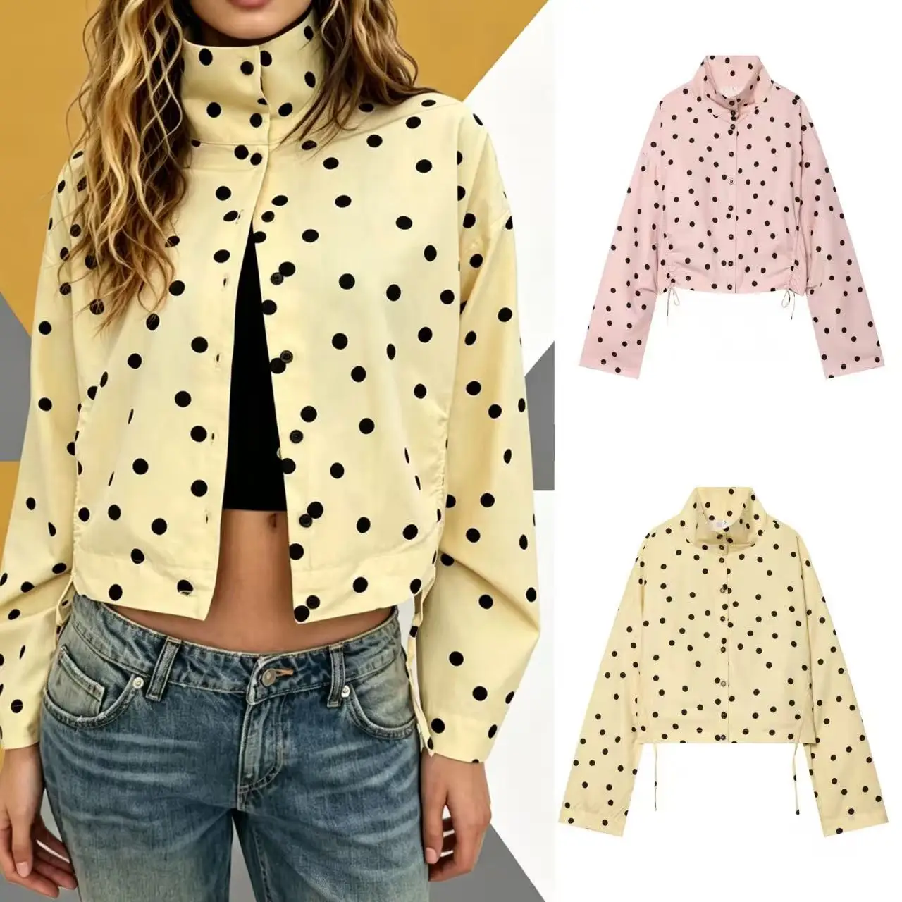 

Summer new women's long-sleeve high-neck polka dot short jacket with adjustable waist, thin coat, fashionable, simple, versatile
