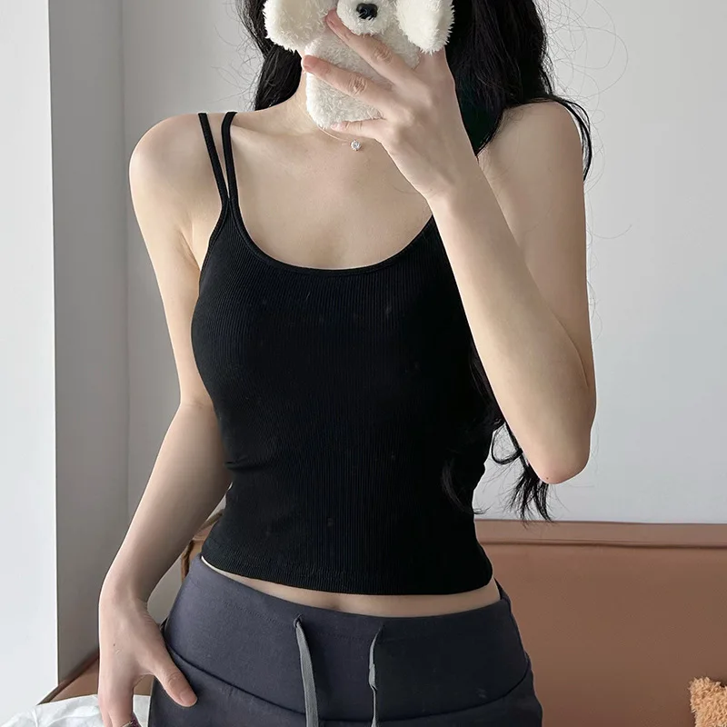 Women Double Strap Tank Top with Chest Pad Cotton Blend Slim Fit 3D Effect Sweet Preppy Style Summer Camisole Vest