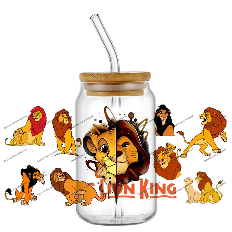 Miniso الأسد الملك سيمبا نمط ل Libbey 16oz يمكن الزجاج ثلاثية الأبعاد مقاوم للماء الأشعة فوق البنفسجية DTF القهوة يمكن التفاف Libbey الزجاج التفاف