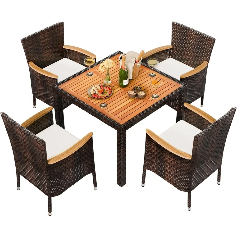 5 Piece Patio Dining Set,Wicker Patio Conversation Set ,Outdoor Table and Chairs with Soft Cushions for Backyard and Garden