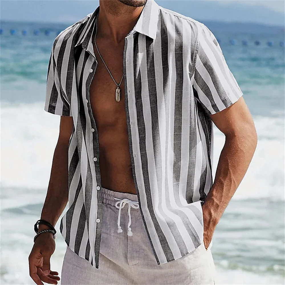 Men's solid color striped printed lapel button up shirt summer leisure vacation street fashion short sleeved clothing plus size