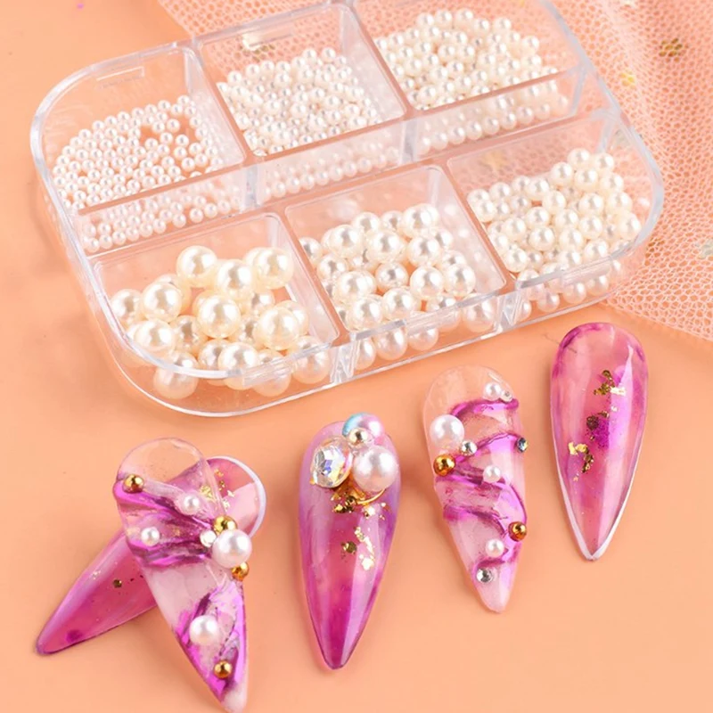 1Box Pearl Decorations Nail Charms White Round Nail Parts Gold Steel Beads Balls Jewelry Nail Art Accessories