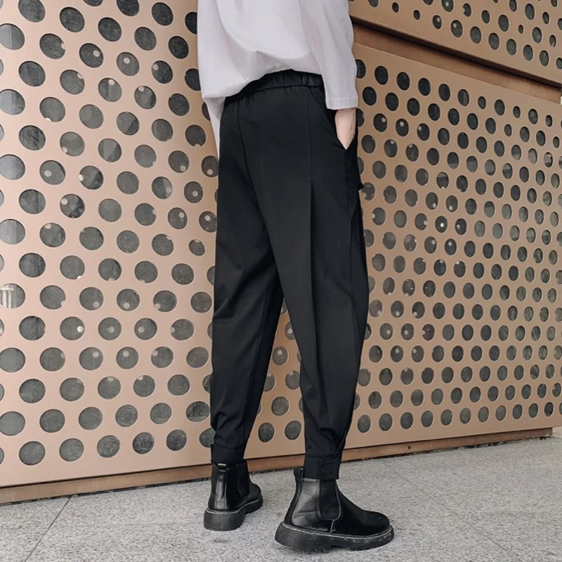 Spring Summer Men Harem Pants with Belt Fashion Tapered Ankle-length Bottoms Elastic Waist Casual Suit Black Gray