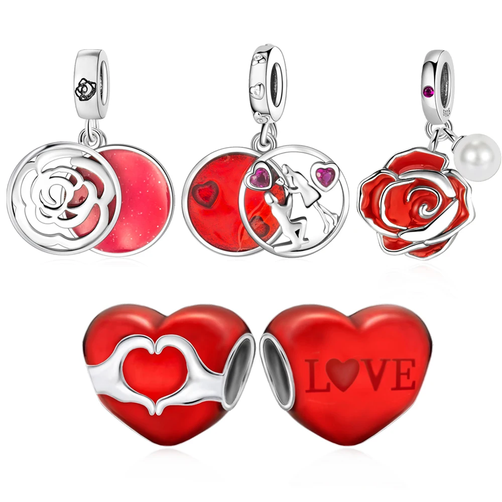 2025 New Valentine's Day Series Red Love Rose Charm Fit Pandora Bracelet Pendant Women's DIY Jewelry Gift Original Design