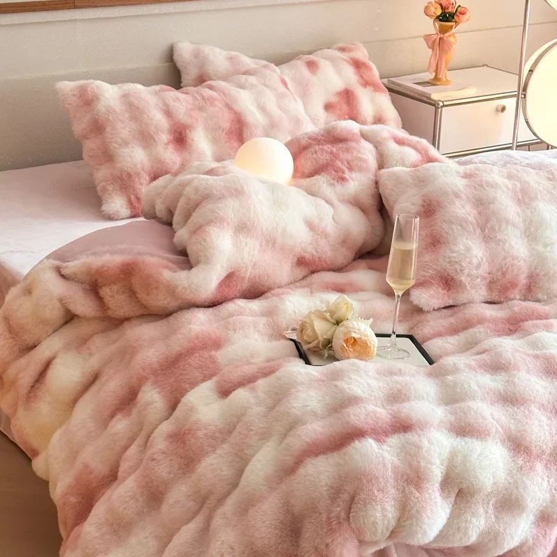 Colorful Rabbit Velvet Bedding Set Thickened Warm Skin-friendly Soft Bedclothes Anti-static Water Washable Colorfast Bed-linen