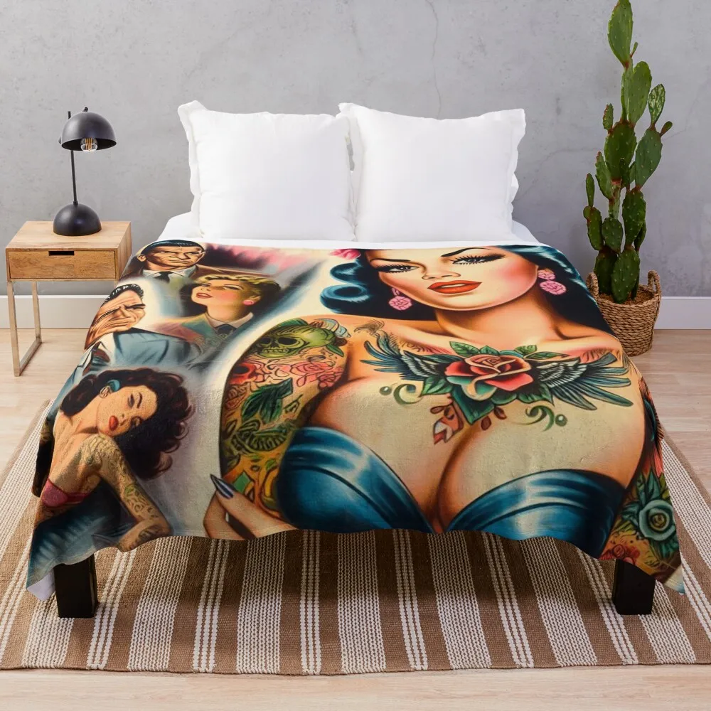 

Old School Tattoo Woman Throw Blanket Bed linens Baby Blankets