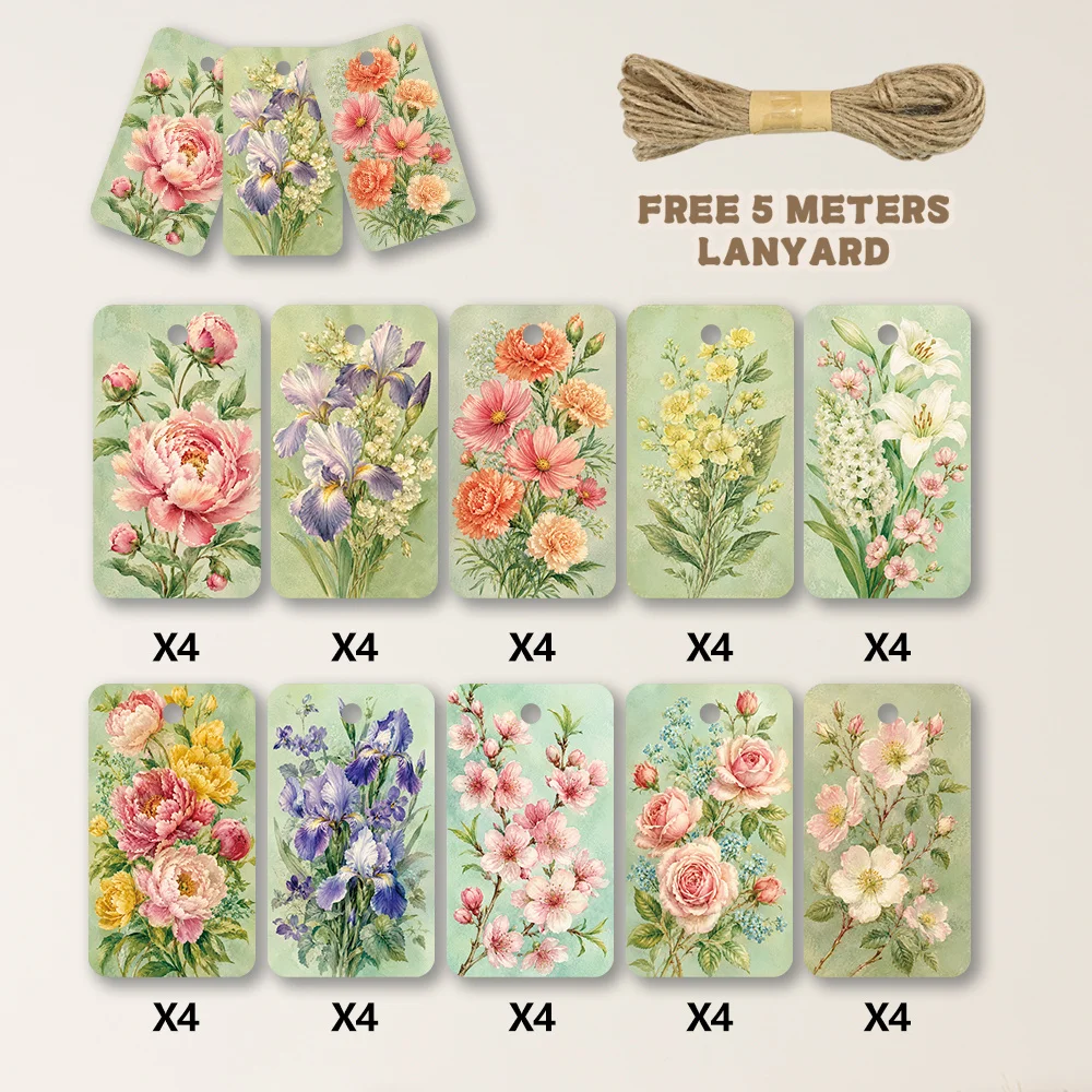 40pcs, Gift Tags, Mint Green Watercolor Floral, Hanging Paper Labels for Gift Wrapping, Holiday Party Decor with String