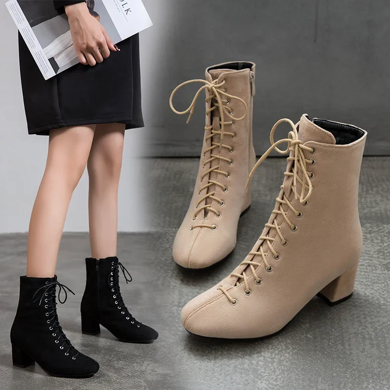 Black Ankle Boots for Women Chunky Boots High Heel Autumn Winter Pointed Toe Booties Woman Fashion Zipper Gray Black Boots 2024