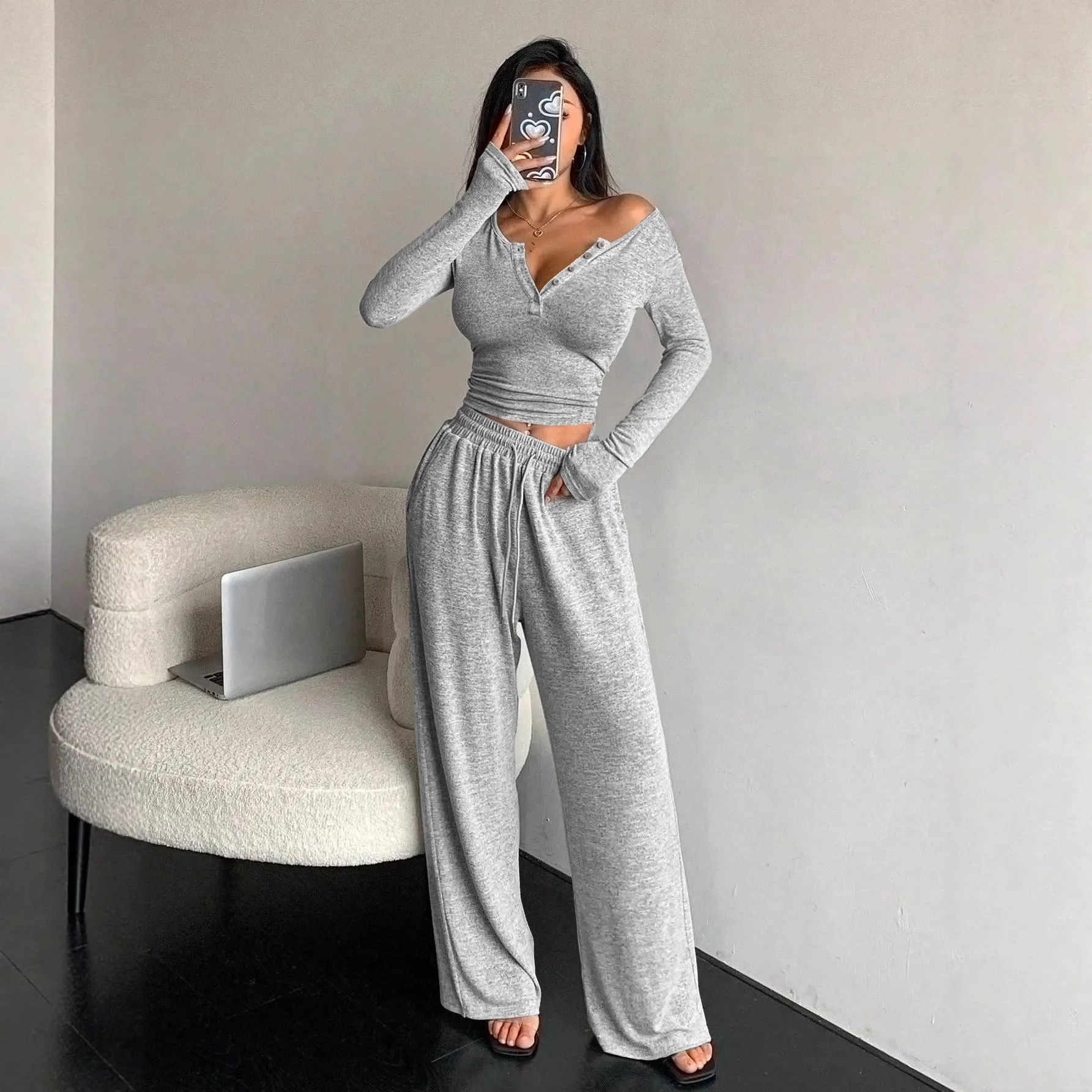 Women's Pajamas Sexy Tight-fitting Button V-neck Long-sleeved Drawstring Long Trousers Two-piece Set Casual Simple Homewear image 3