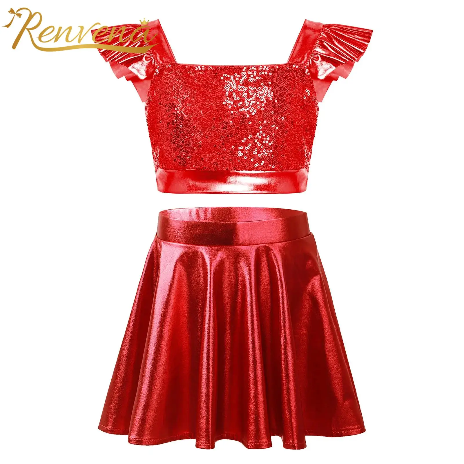 Kids Girls Sparkling Sequin Metallic Crop Top Skirt Jazz Dance Performance Cosume 70s 80s Disco Outfit Rave Party Clothes