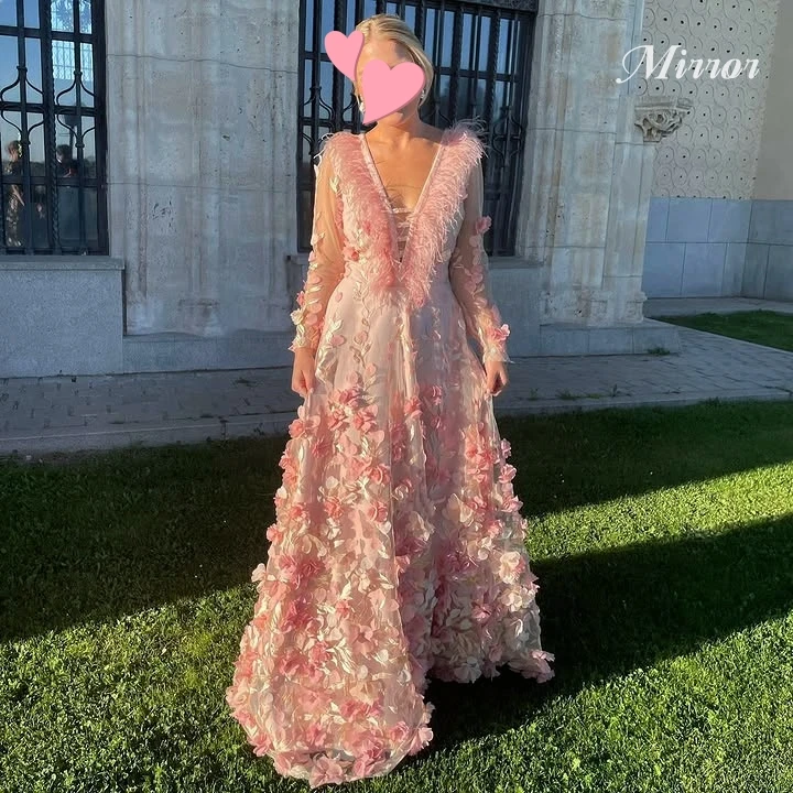 

Mirror Dress Elegant Vintage Sweet Pink Flowers Feathers Lace V-Neck Customize Formal Occasion Prom Dress Evening Party Gowns