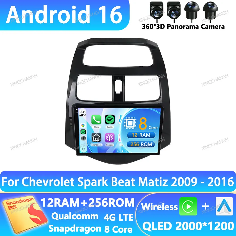 Android 16 Car Radio For Chevrolet Spark Beat Matiz Creative 2009 - 2016 Head Unit QLED 4G WIFI GPS BT 2DIN Navigation Qualcomm