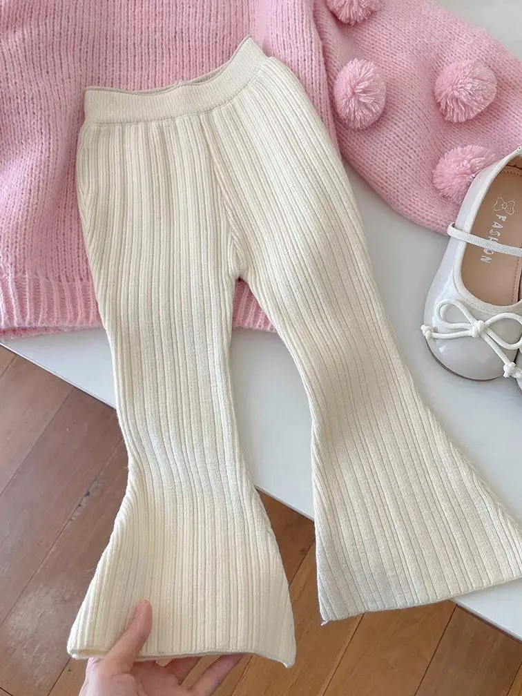 2024 Autumn Winter Children Clothes Girls Wool Pants Fashionable Knitted Bell Bottoms Or Ball Knitted Sweater Tops