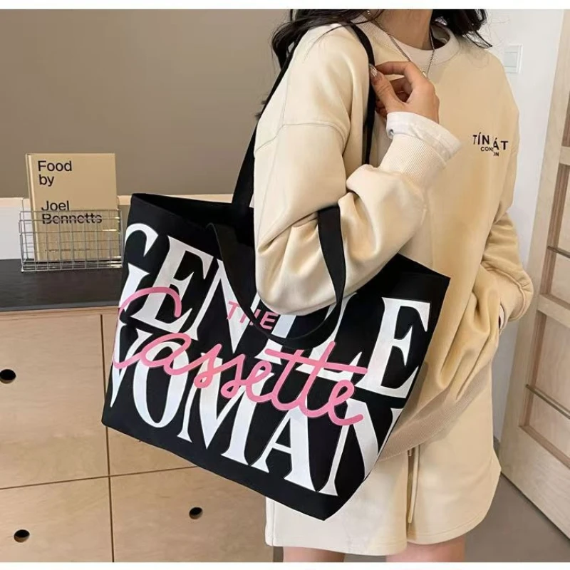 Large Capacity Letter Tote Bag for Women, Niche Canvas Shoulder Bag, Versatile INS Style Commuting & Study Tote image 3
