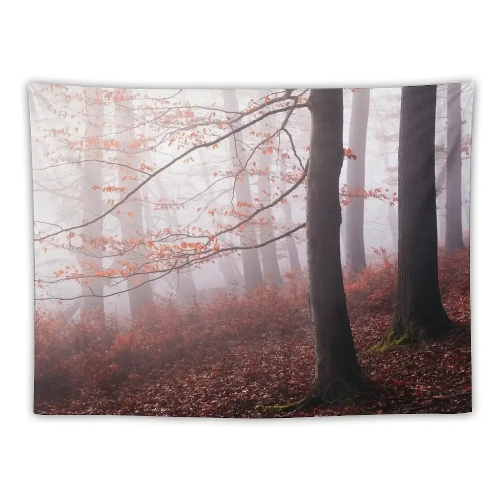 Stay With Me // Misty Autumn Fairytale Wilderness Forest With Red Leaf Trees Covered In Magic Light And Fog Series Tapestry