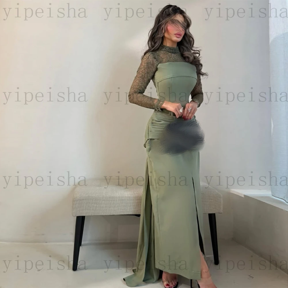 Customized High Neck Evening Dresses Front Split Ankle-Length Lace Full Sleeve Prom Gown Modern Pleat Straight Party Dress image 4