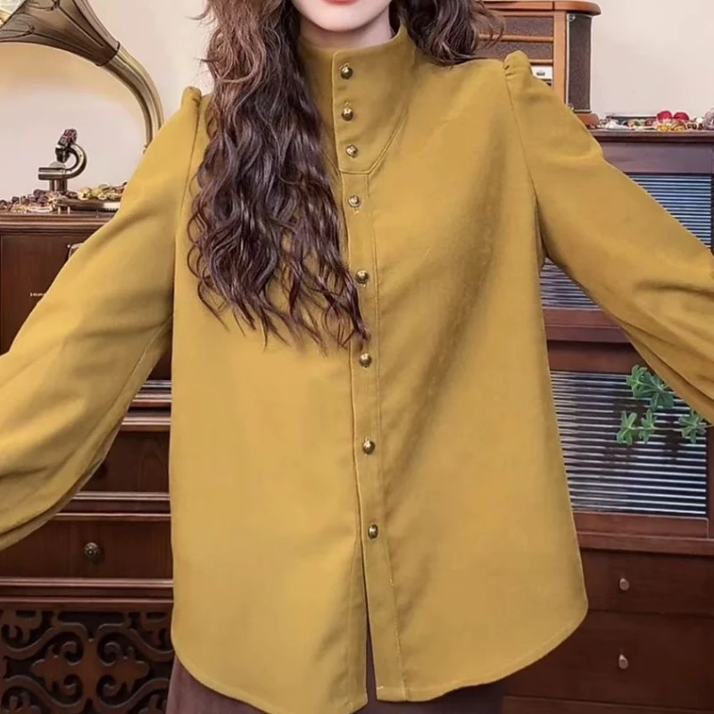 20224 香港スタイルのレトロな気質スタンドアップカラー秋の新スタイル長袖シャツデザインフレンチトップ女性服