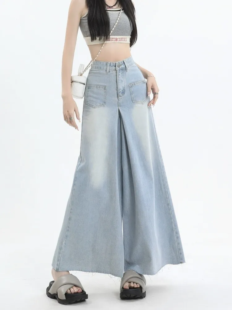 GUUZYUVIZ High Waist Loose A-line Wide Leg Women Jeans Summer Casual Denim Skirt Pants