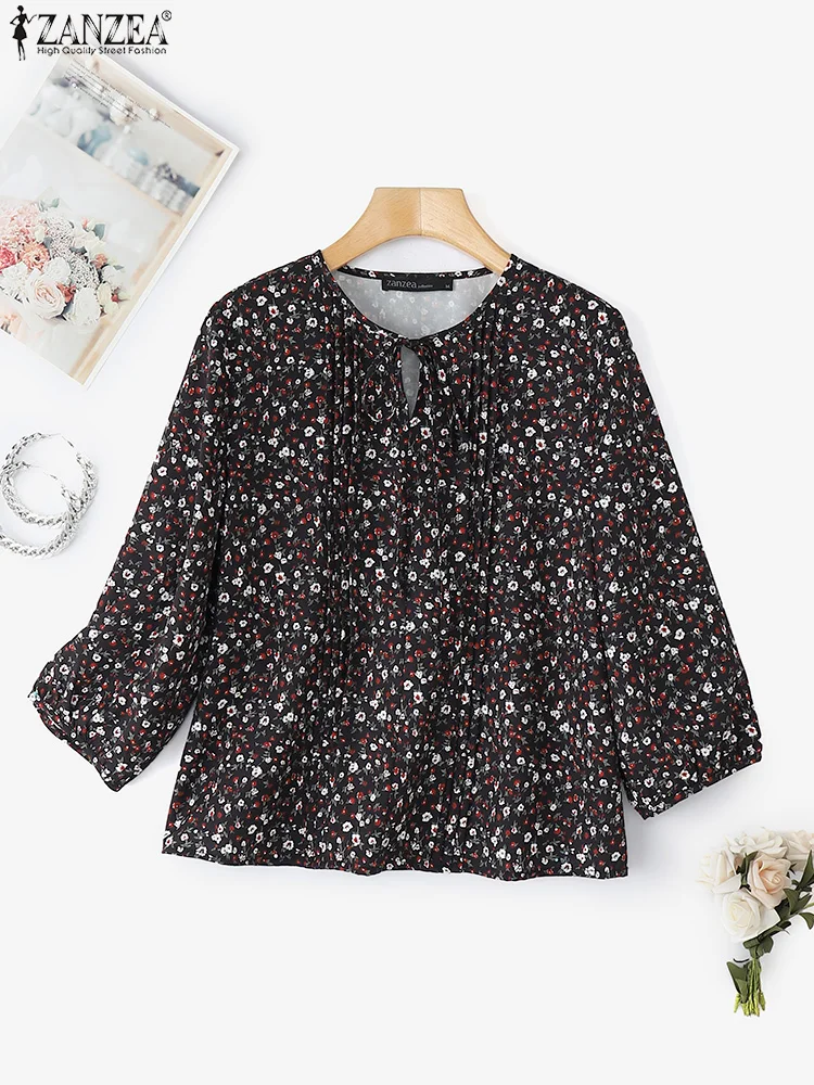 ZANZEA 2025 Camicie estive da donna Camicetta con stampa floreale bohemien Top Moda fasciatura pieghettata Casual Manica 3/4 Vintage Blusas Femme