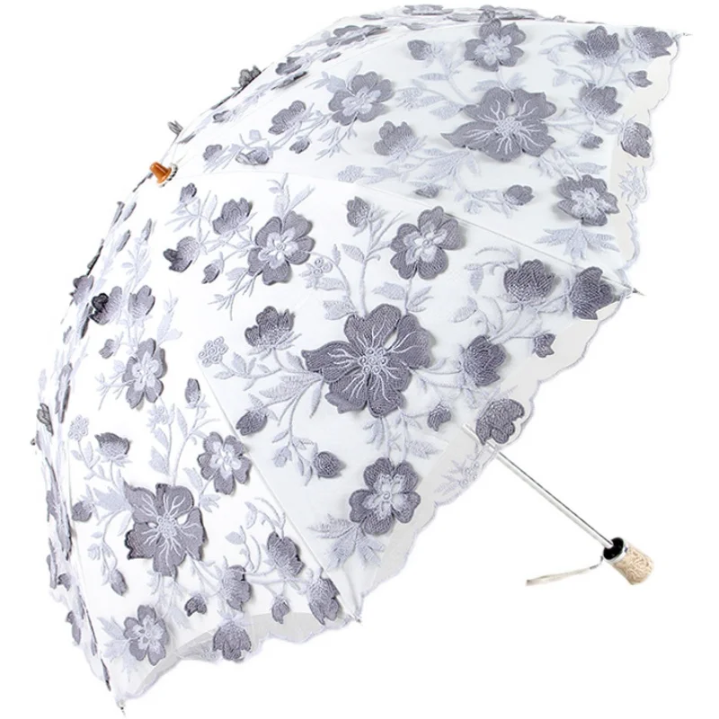 Lace Embroidery Umbrella for Female, UV Protection, Dual Layer, Flower, Princess, Sun, Rain, Fairy, Sunny