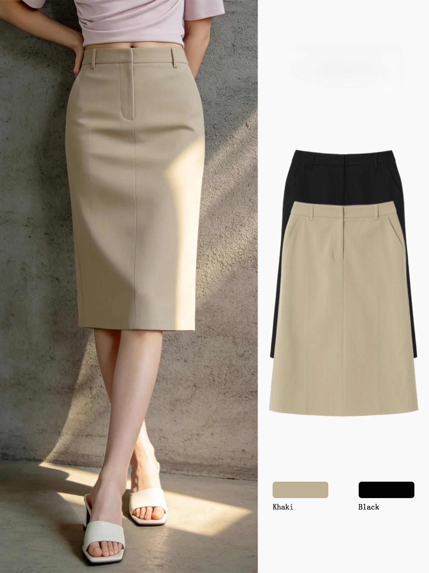 Khaki Straight Midi Skirt High Waist Slimming Commute Ready Office Friendly Pencil Skirt for Summer New Arrival