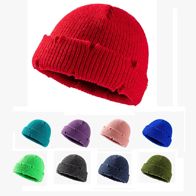 Fall Winter Knitted Hats Beanies Skullies for Men Women Bright Solid Color  Sport Hip-hop Hats Personality Beanies With Cut Hole