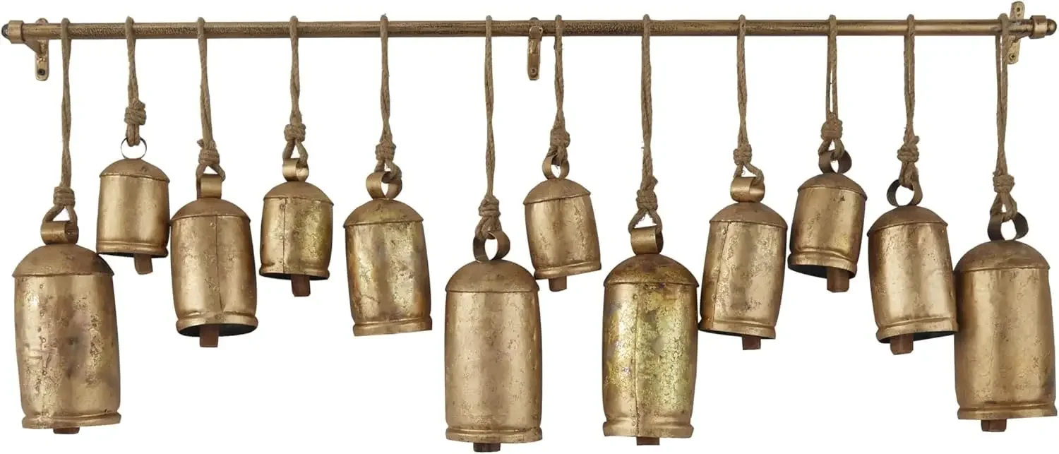 

Metal Decorative Cow Tibetan Inspired with 12 Bells on Jute Hanging Ropes and Rod, 48" x 6" x 20", Gold