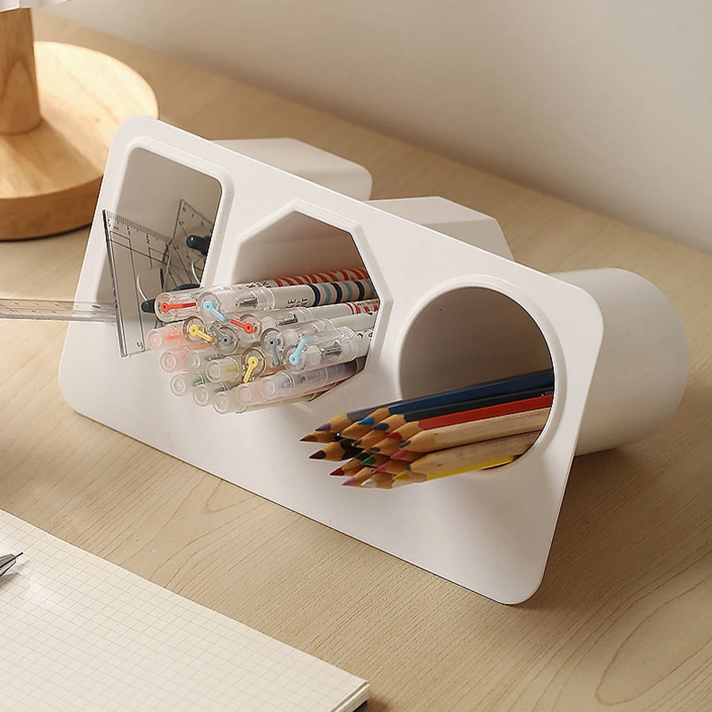 

3Compartment Geometric Desk ganizer White Plastic Pen Holder Stationery Storage Box for Home Office Hotel Laboratory