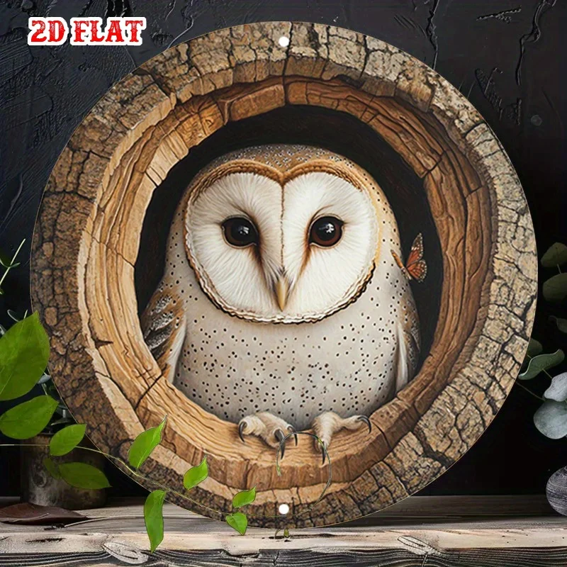 Affiche métallique ronde [2D] : Affiche rétro en étain représentant un hibou de grange se reposant dans un creux d'arbre, idéale pour une ambiance sereine.