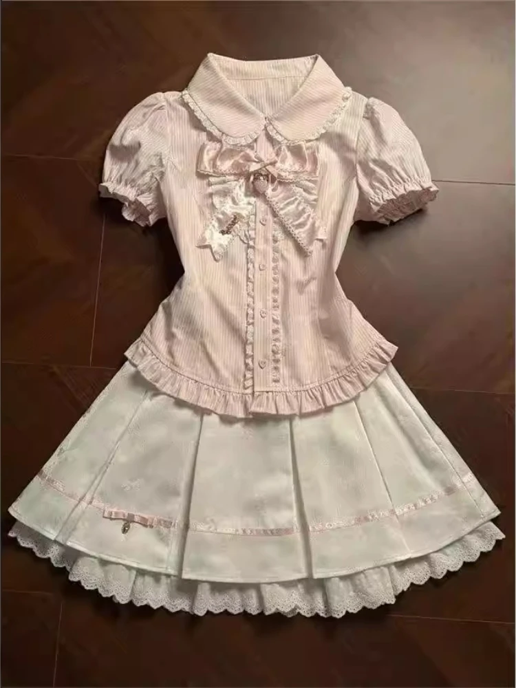 

Women Summer Kawaii Lace 2 Piece Set Summer Lolita Cute Peter Pan Collar Bow Slim Tops + Y2k Fashion High Waist Mini Skirt New