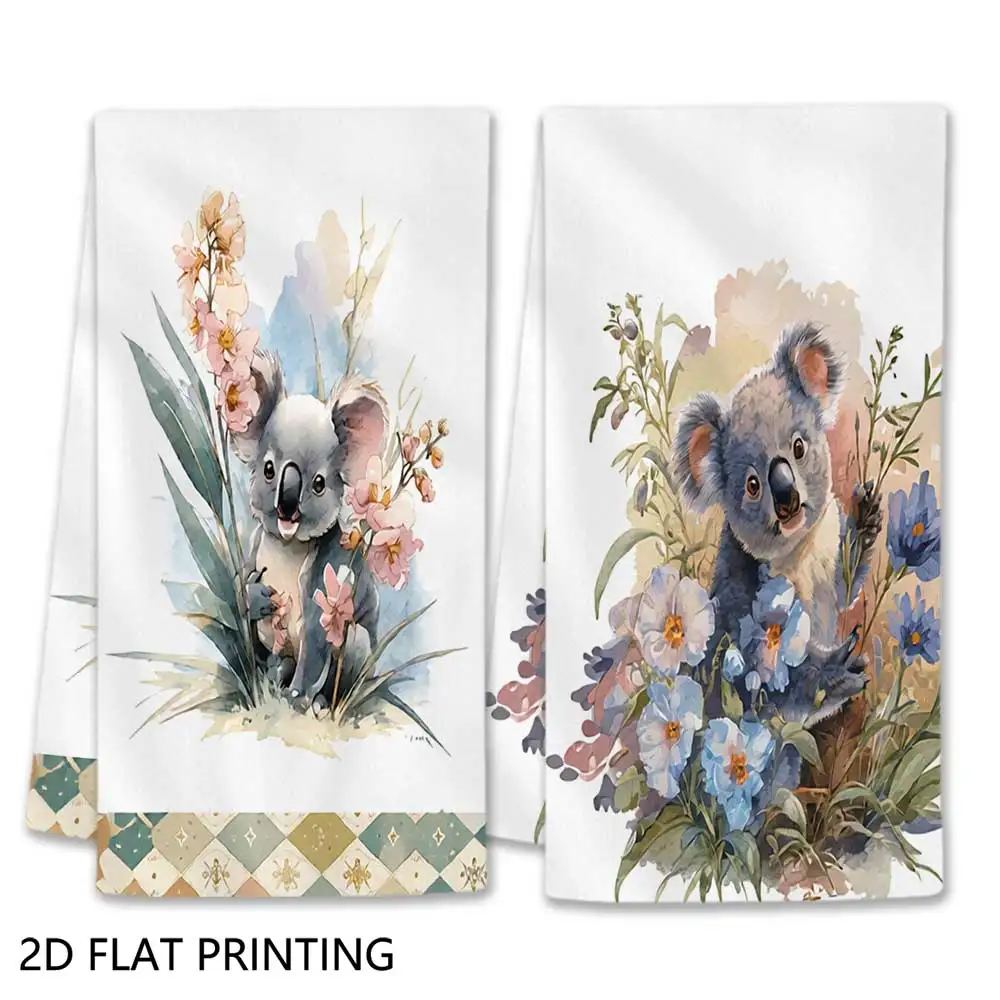Jit 2pcs Watercolor Koala Floral Pattern Dish Towels For Home Kitchen Table Decor