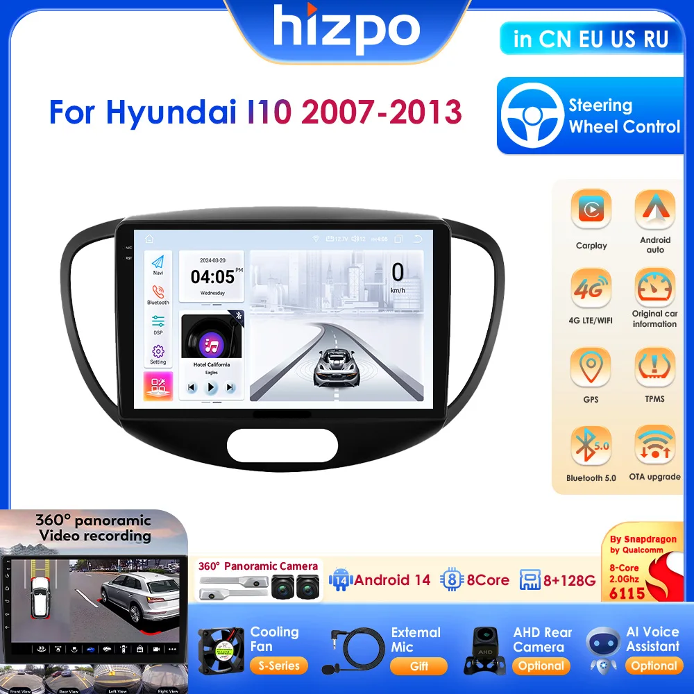 HIZPO 9inch Car Stereo For Hyundai 110 2007-2013 Support Wireless Carplay &Android Auto 4G-lte WiFi GPS RDS 360camera ADAS OBD