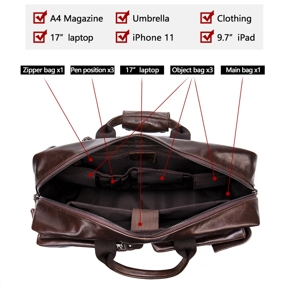 WESTAL-Étui à Bombes en Cuir pour Homme, Sacoche pour Ordinateur Portable, Grand Sac de Messager, Fourre-Tout pour Documents, 17 Pouces