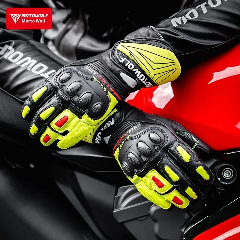 Motorcycle Riding Gloves, Carbon Fiber Racing Protective Gloves, Leather Long Winter Warm Riding moto Gloves