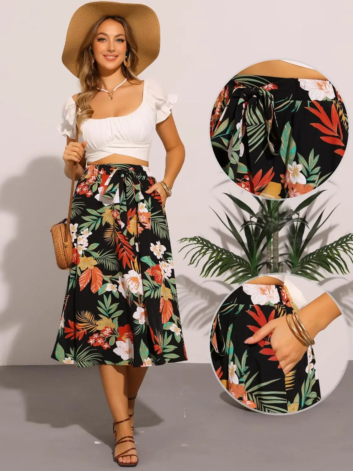 تنورة Luxy Trio Floral Boho Midi للنساء بخصر مطاطي على شكل حرف A تنورة شاطئ صيفية واسعة