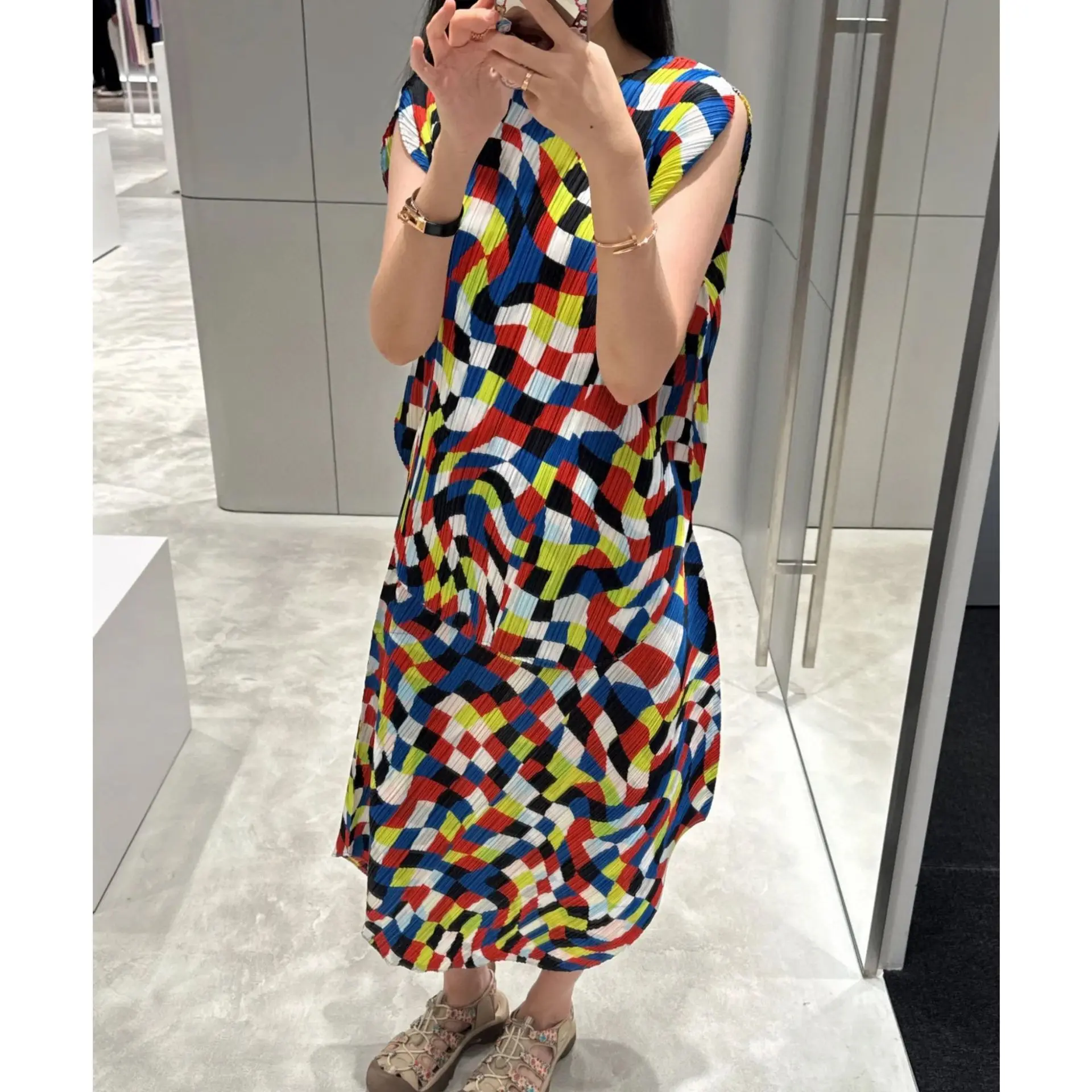 Miyake Pleated Women's Casual Suit 2026 Japanese Design Irregular O Neck Short-sleeved Top + Skirt Mosaic Print Two-piece Set