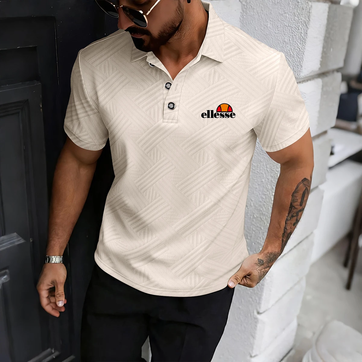 Premium Men's Polo Shirt, 3D Diamond Jacquard Texture, Turn-Down Collar Button Placket, Slim Fit Silhouette