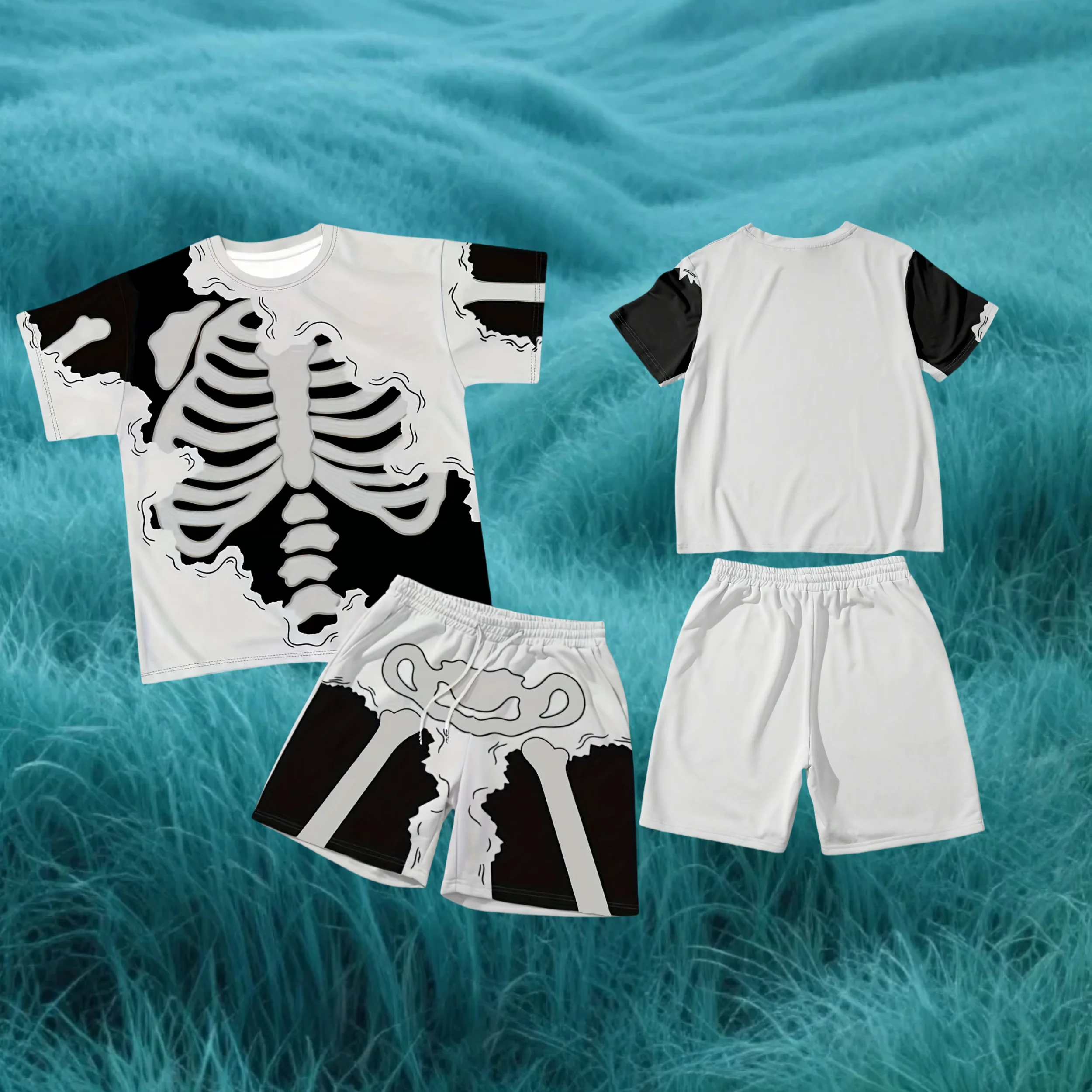 

25/26 Set Fashion Leisure Comfortable Set Men Including T-shirts Shorts Suitable Sports Fitness Activities Summer Skull Print