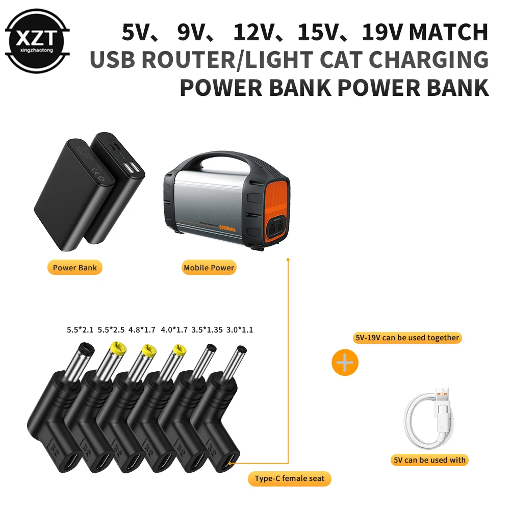 Conector de Alimentação USB C PD para DC, Tomada Universal, Adaptador de Carregamento, Conversor para Roteador, Tablet, 5V, 9V, 12V, 15V, 19V