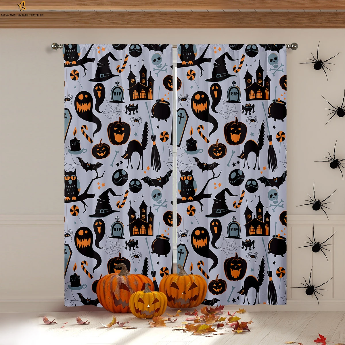

Halloween Curtains Horror Pumpkin Bat Ghost Cartoon Print Curtains Children's Room Living Room Party Decoration Curtains 2 PCS